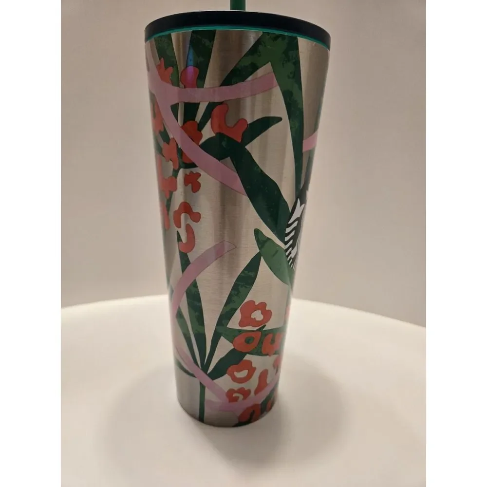 Starbucks Green‎ Pink Jungle Print Stainless Tumbler Cup 24 Oz Venti